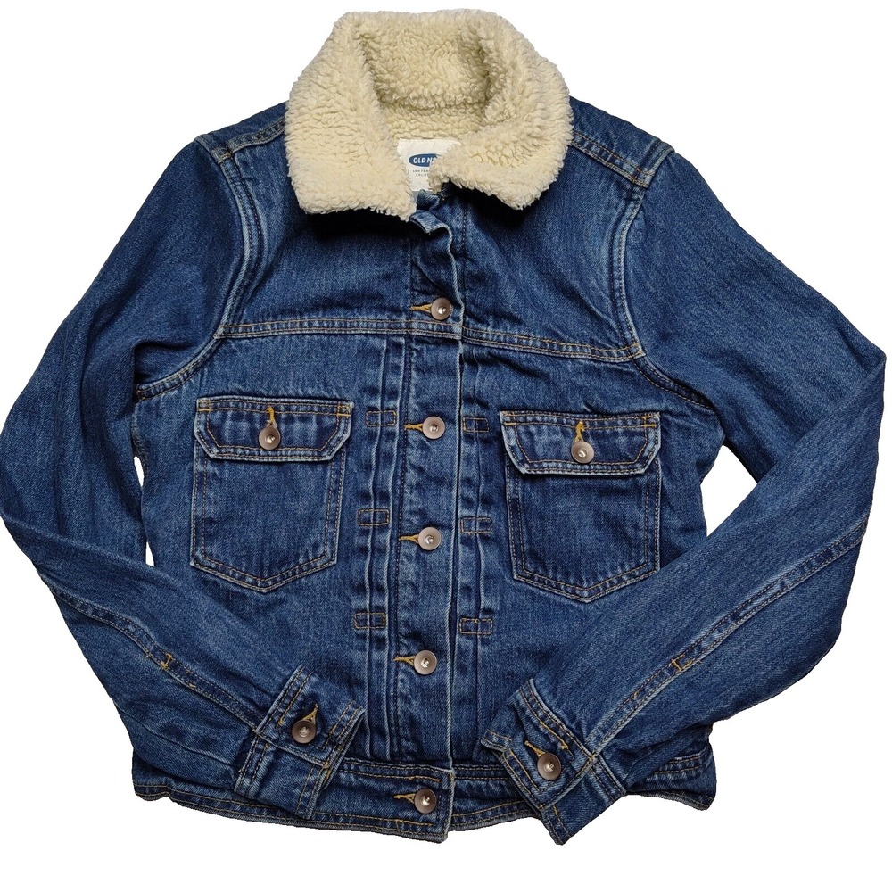 Old‎ Navy Women Size XS Sherpa Faux Fur Lined Blue Denim Trucker Jacket